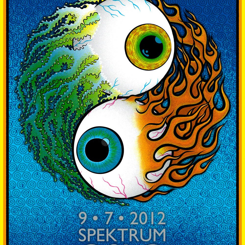 A vivid concert poster inspired by Chuck Sperrys retrospective prints showcases a yin-yang symbol with green foliage and orange flames, each containing an eye. Pearl Jam X is prominent at the top, with 9-7-2012 Spektrum Oslo Norway set against a blue patterned backdrop.