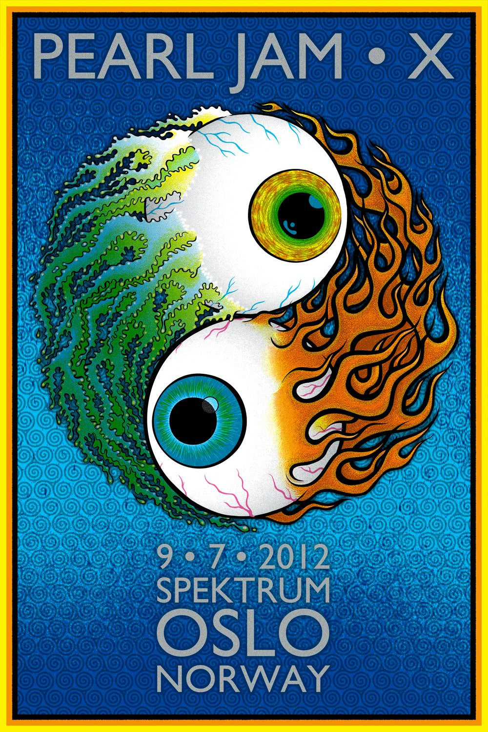 A vivid concert poster inspired by Chuck Sperrys retrospective prints showcases a yin-yang symbol with green foliage and orange flames, each containing an eye. Pearl Jam X is prominent at the top, with 9-7-2012 Spektrum Oslo Norway set against a blue patterned backdrop.