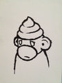 A framed black and white line art drawing by Luke Chueh depicts a cartoon monkey with an ice cream cone hat, combining whimsy and intrigue with its neutral expression.