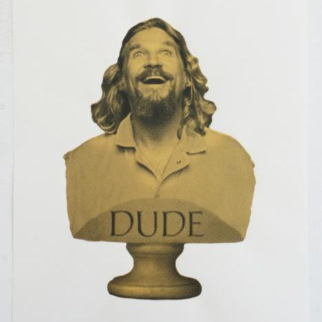 Steve MacDonalds sepia-toned art print features a casually dressed, smiling man with long hair and a beard. The bust reads DUDE, merging classical sculpture style with modern humor, reminiscent of acrylic ink on paper’s playful vibe.