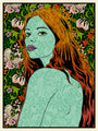 This limited edition features a woman with long red hair and green skin, adorned with intricate floral patterns and set against a vibrant background. Reminiscent of Chuck Sperrys screen prints, it blends colors beautifully using orange, white, and pink flowers.