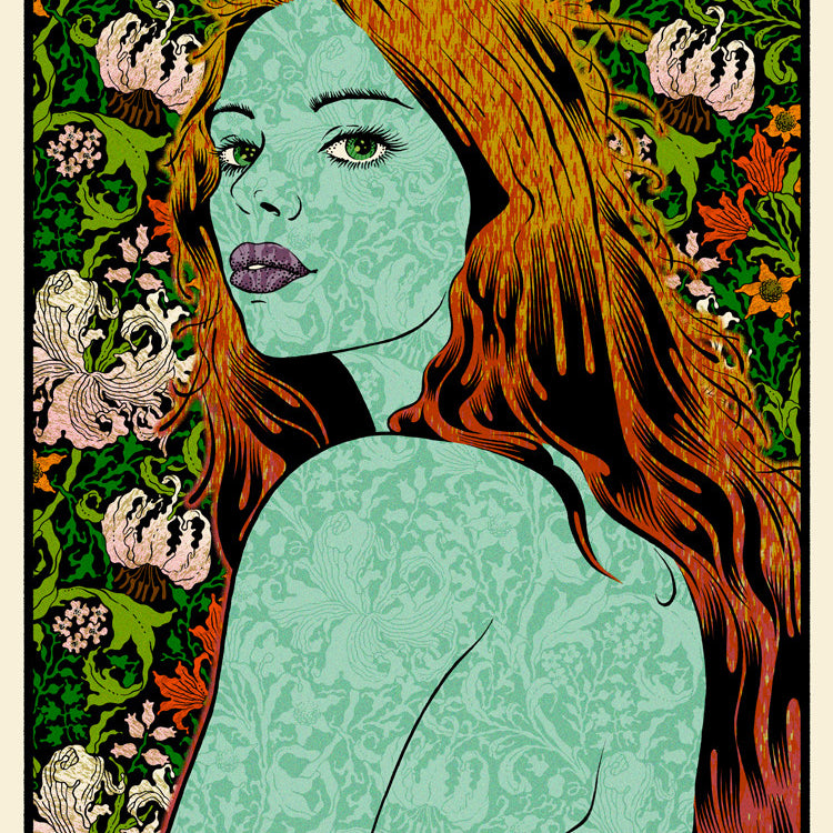 This limited edition features a woman with long red hair and green skin, adorned with intricate floral patterns and set against a vibrant background. Reminiscent of Chuck Sperrys screen prints, it blends colors beautifully using orange, white, and pink flowers.