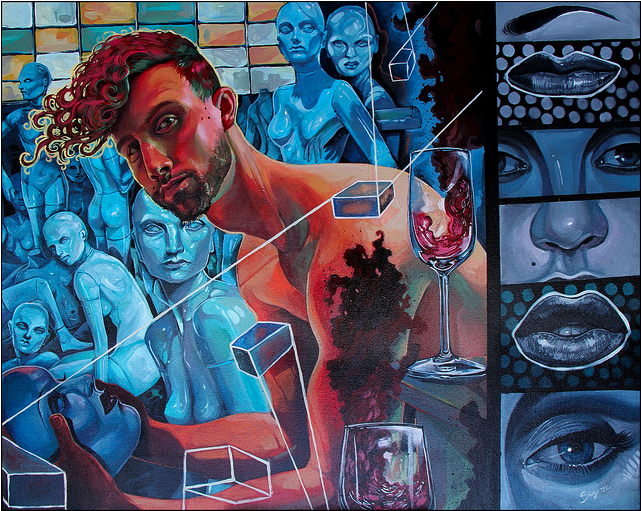 A vibrant surreal acrylic on canvas by Serge Gay Jr. features a curly-haired man among mannequin-like blue figures, with geometric shapes, a glass of red wine, and close-up facial features blending seamlessly in this Spoke Art Gallery masterpiece.