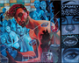 A vibrant surreal acrylic on canvas by Serge Gay Jr. features a curly-haired man among mannequin-like blue figures, with geometric shapes, a glass of red wine, and close-up facial features blending seamlessly in this Spoke Art Gallery masterpiece.