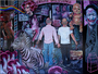 Two men stand hand in hand among symbols of American culture and societal issues, featuring a zebra, mushrooms, a rainbow, a clown, civil rights signs, and sale ads. This vibrant acrylic on canvas by Serge Gay Jr., titled Pink Party, showcases surreal chaos.