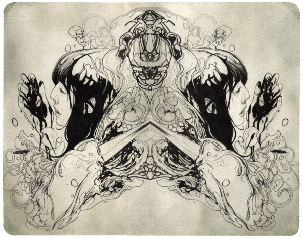 Abstract drawing by Nimit Malavia features mirrored ink on paper with swirling patterns, faces, and fluid motifs. The symmetrical composition centers on a mirrored axis, showcasing intricate, organic designs reminiscent of Malavias distinctive style.