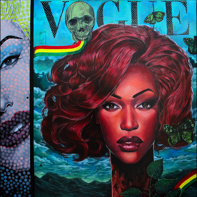 Serge Gay Jr. presents an acrylic on canvas pop art piece featuring a red-haired woman with bold makeup, surrounded by butterflies, skulls, and rainbows. The word Vogue appears at the top in this distinctive style.