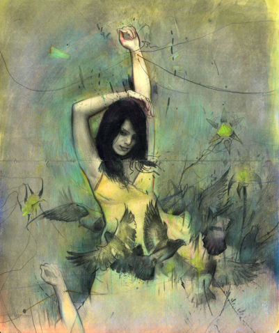 A woman with long dark hair in a yellow dress stands, arm raised, among flying birds in a surreal setting. This artwork by Rod Luff uses pencil and pastel for soft colors and sketch-like details. Framed 8 x 10.
