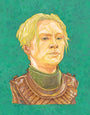 A PJ McQuade illustration features a blonde figure reminiscent of Brienne of Tarth, in medieval armor against a textured green backdrop. The character faces forward seriously, wearing a detailed leather-like chest piece with visible stitching, evocative of George R.R. Martin’s realm.