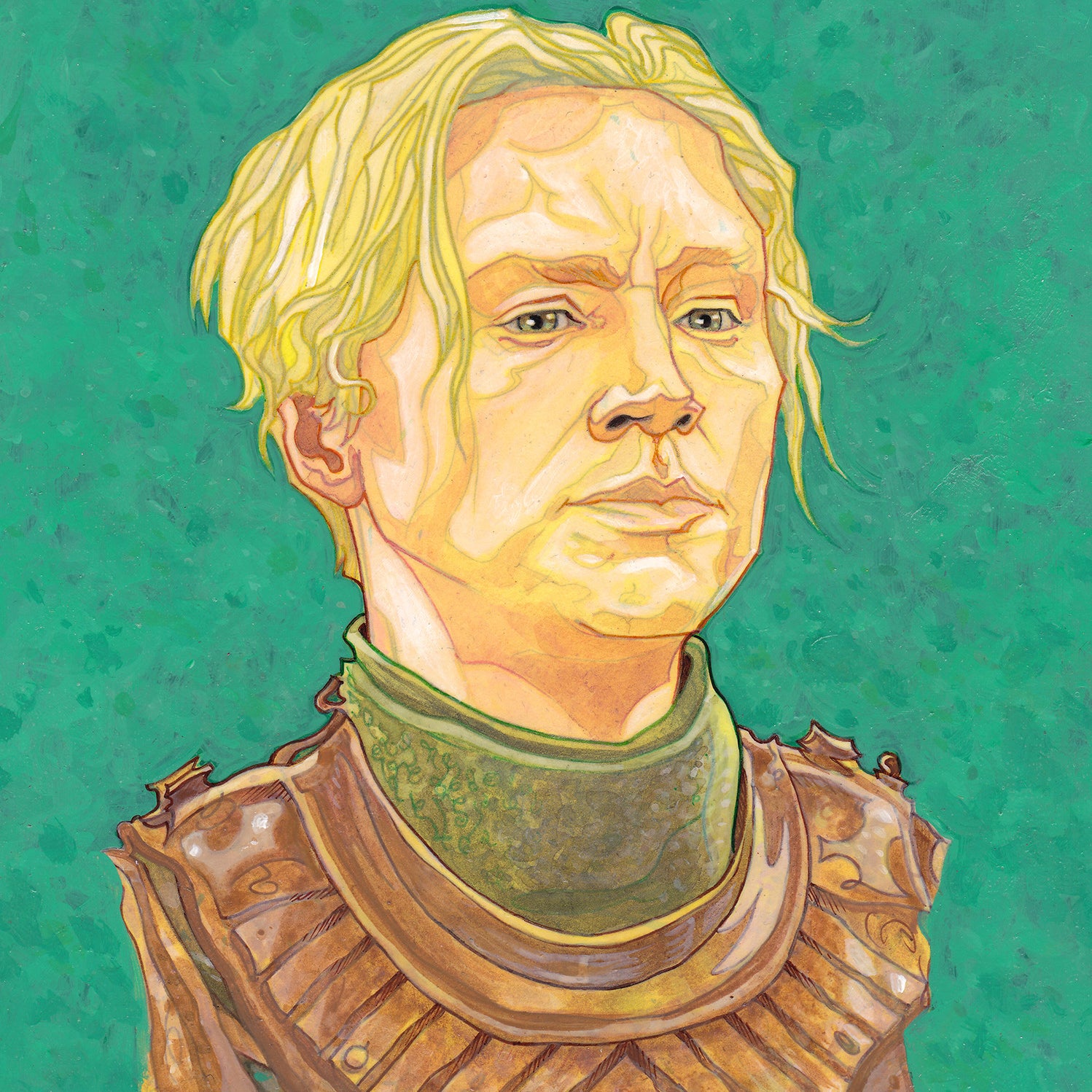 A PJ McQuade illustration features a blonde figure reminiscent of Brienne of Tarth, in medieval armor against a textured green backdrop. The character faces forward seriously, wearing a detailed leather-like chest piece with visible stitching, evocative of George R.R. Martin’s realm.