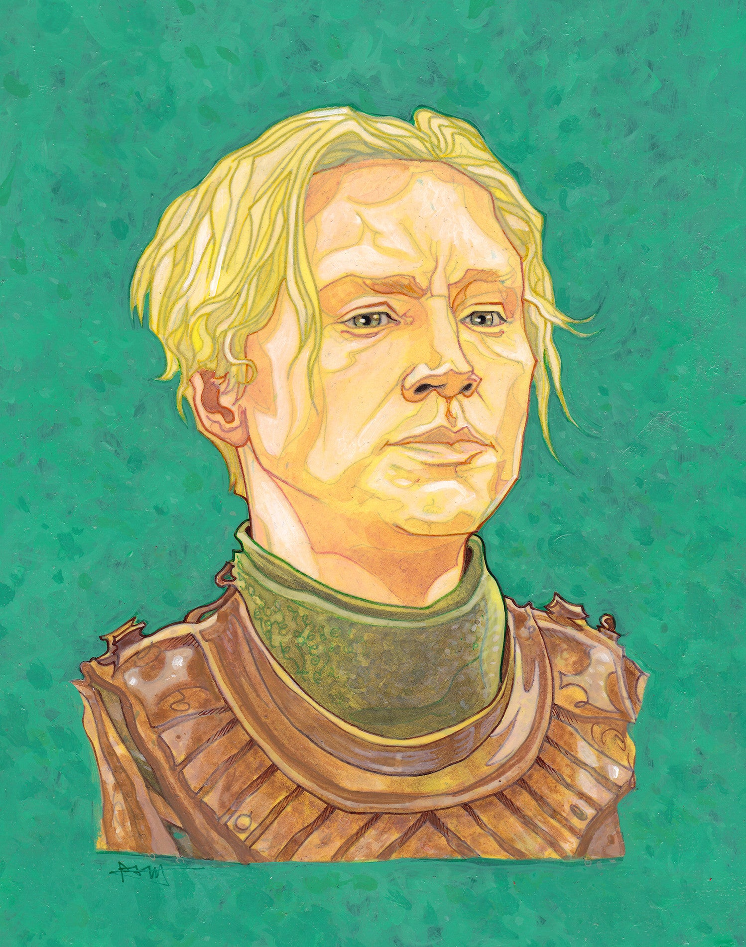 A PJ McQuade illustration features a blonde figure reminiscent of Brienne of Tarth, in medieval armor against a textured green backdrop. The character faces forward seriously, wearing a detailed leather-like chest piece with visible stitching, evocative of George R.R. Martin’s realm.
