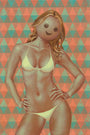 A woman in a bikini with a cartoonish smiley face for a head poses confidently against a colorful geometric background with triangles, reflecting the vibrant style of Casey Weldons artworks.
