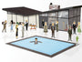 Max Daltons illustration captures a mid-century modern house with glass walls hosting a vibrant cocktail party. Guests in formal attire socialize around the pool while one swims, and a small dog charmingly perches on the roof, completing this custom-made scene.