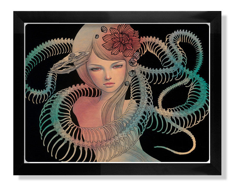This limited edition artwork by Audrey Kawasaki portrays a serene woman with a large flower in her hair, entwined with skeletal centipedes. It exudes an ethereal quality reminiscent of Kawasakis style, featuring delicate details against a dark background.