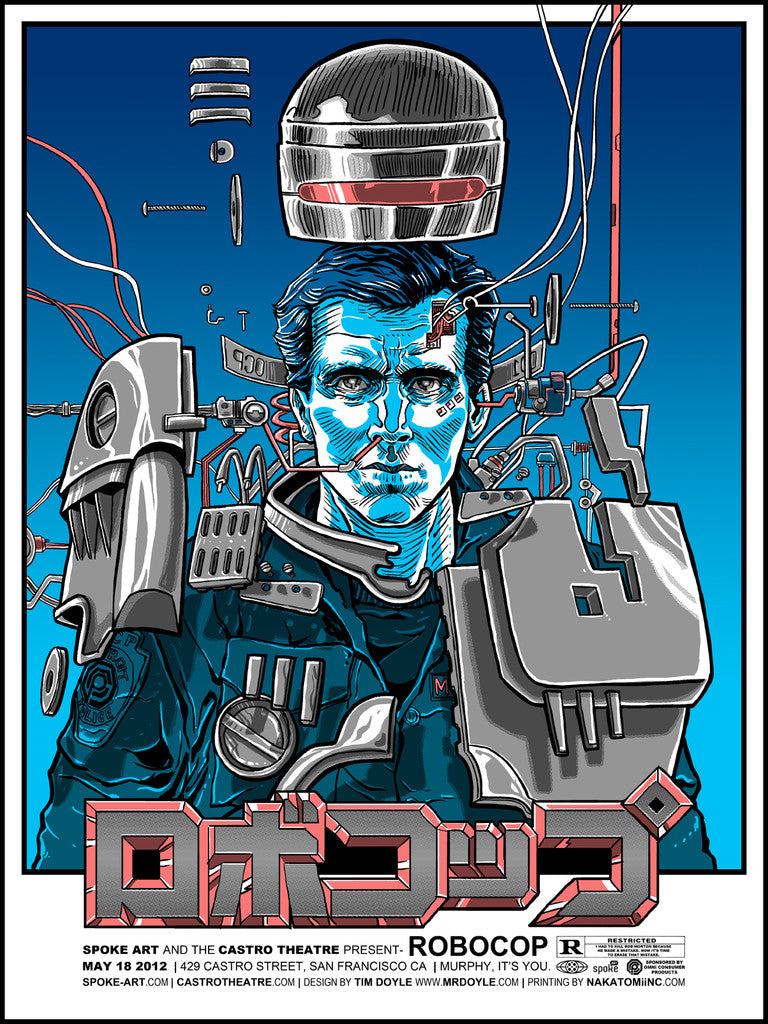 Tim Doyles print depicts a futuristic cyborg police officer with mechanical elements and wires. The background showcases circuit patterns, with Japanese characters and Robocop text at the bottom. This signed and numbered screen print features a vivid blue and red color scheme for authenticity.