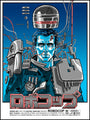 Tim Doyles print depicts a futuristic cyborg police officer with mechanical elements and wires. The background showcases circuit patterns, with Japanese characters and Robocop text at the bottom. This signed and numbered screen print features a vivid blue and red color scheme for authenticity.