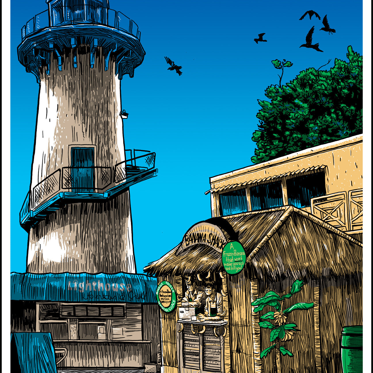 This limited edition features a coastal scene with a tall lighthouse and a Banana Shack offering tropical drinks. Birds soar in the clear blue sky above lush foliage, all depicted in Tim Doyles signature screenprint style.