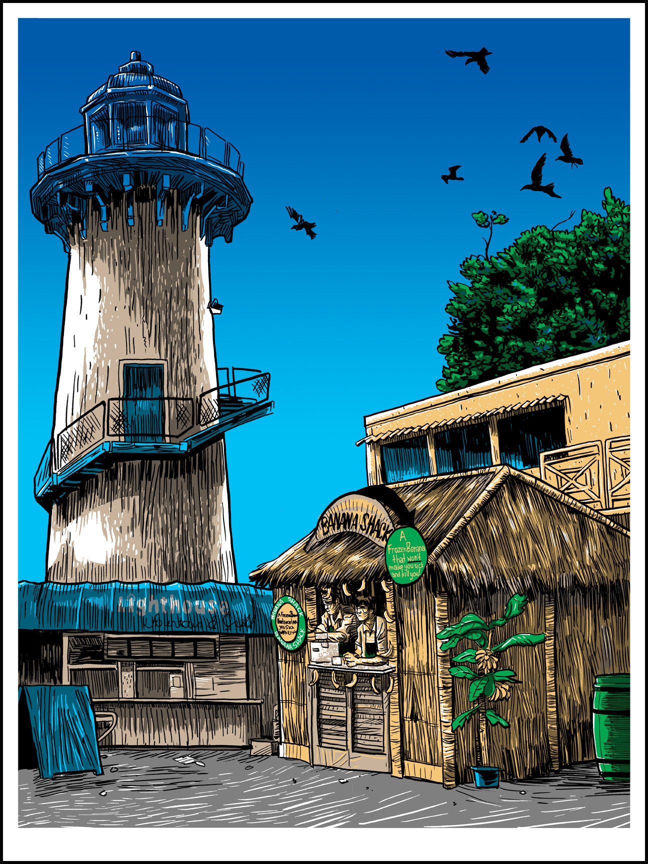 This limited edition features a coastal scene with a tall lighthouse and a Banana Shack offering tropical drinks. Birds soar in the clear blue sky above lush foliage, all depicted in Tim Doyles signature screenprint style.