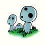Illustration of three Kodama-inspired, ghost-like figures with round heads and small black eyes, standing among green and blue foliage while gazing upward. The off-white background enhances the mystical vibe in this Joshua Budich screenprint.