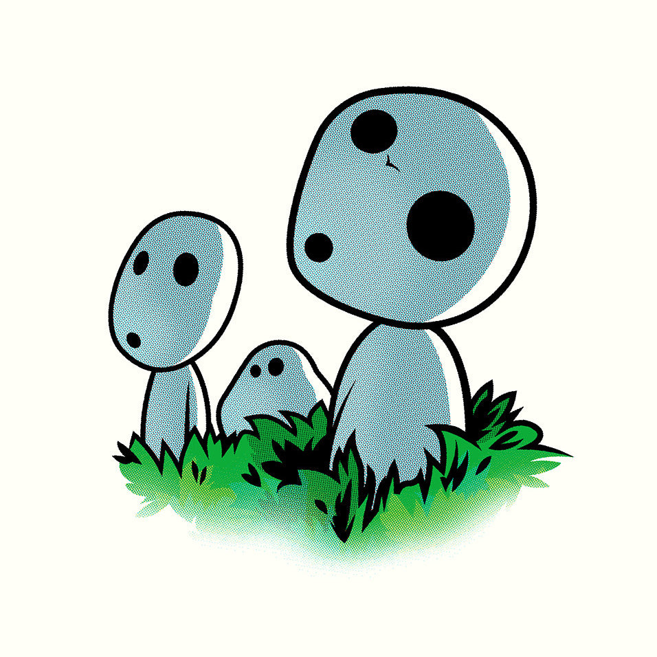 Illustration of three Kodama-inspired, ghost-like figures with round heads and small black eyes, standing among green and blue foliage while gazing upward. The off-white background enhances the mystical vibe in this Joshua Budich screenprint.