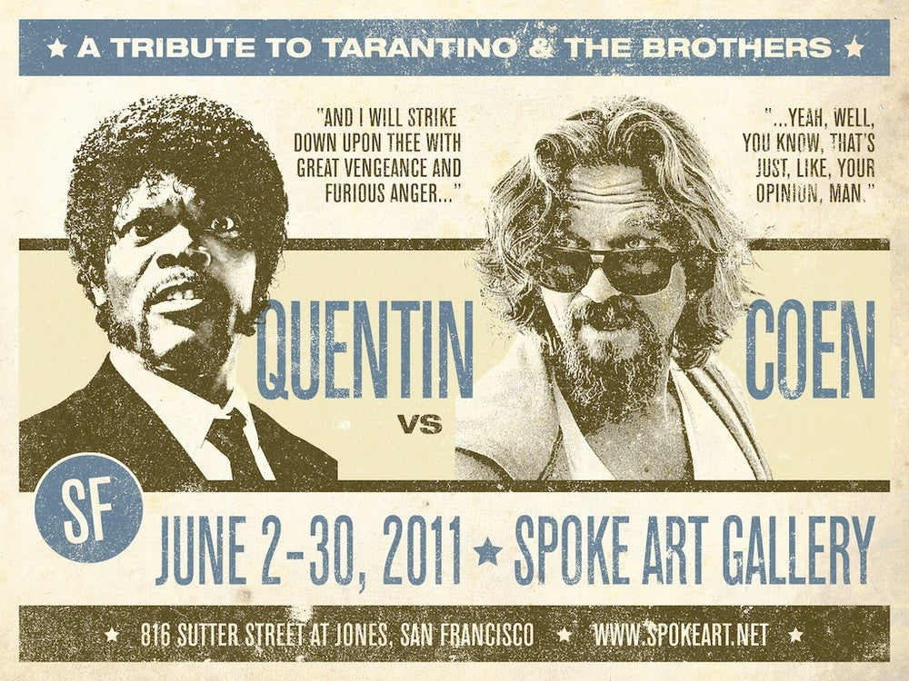 Greg Gossels signed and numbered collection, A Tribute to Tarantino & The Brothers, features stylized images and text quotes at Spoke Art Gallery, San Francisco, from June 2-30, 2011.