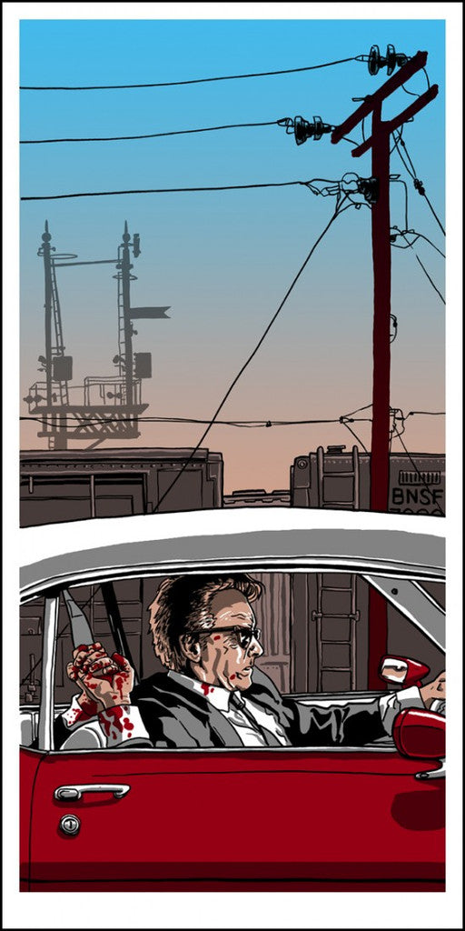 A Tim Doyle-inspired illustration depicts a man driving a red car with a bloodied hand and stern expression, featuring power poles and industrial structures against a sky that transitions from blue to orange, evoking the intensity of Mr. Oranges scenes.