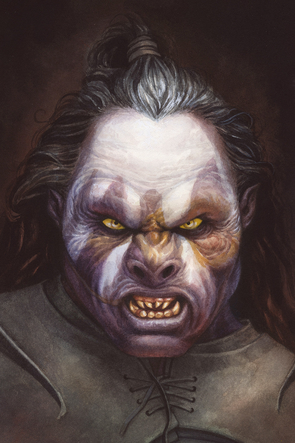 This watercolor by Reuben Negron, showcased at Spoke Art gallery, depicts a fierce fantasy creature with gray skin, yellow eyes, and long black hair. It snarls in a dark backdrop, featuring pronounced white facial markings and sharp teeth.