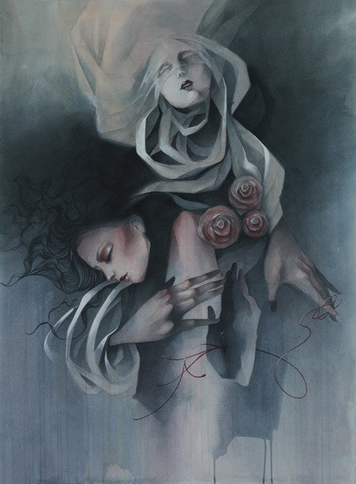 Reversed Memories, a surreal painting by Craww in acrylic on Rives BFK, depicts two ethereal figures intertwined. The top figure, veiled and serene with roses, contrasts with the lower one, eyes closed and draped in flowing fabric, crafting a dreamlike sense.