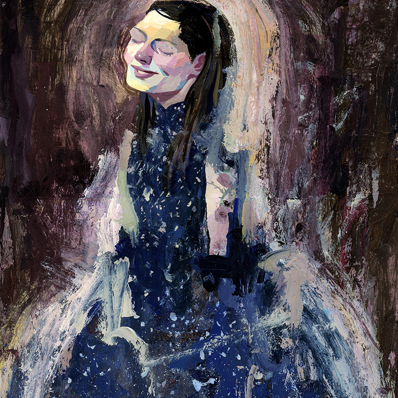 Rich Pellegrinos acrylic painting on Moleskine portrays Sad Eyed Sally in a blue dress, gazing serenely upwards. The abstract background swirls with earthy and pastel hues, creating a dreamy atmosphere.
