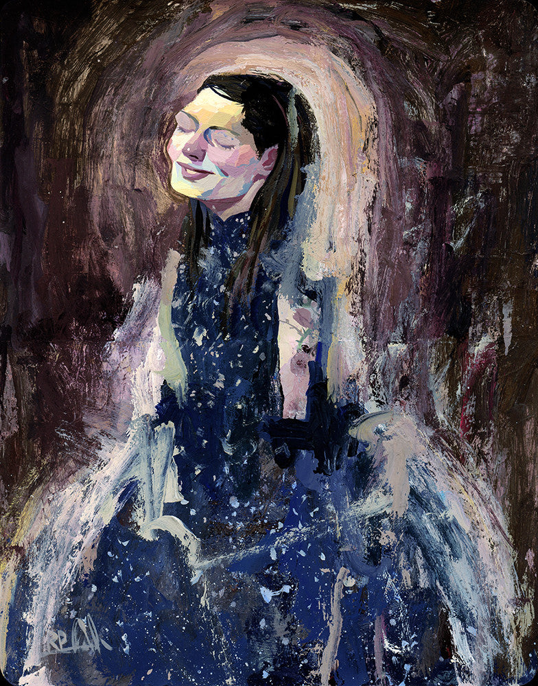 Rich Pellegrinos acrylic painting on Moleskine portrays Sad Eyed Sally in a blue dress, gazing serenely upwards. The abstract background swirls with earthy and pastel hues, creating a dreamy atmosphere.