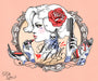 Rik Lees digital print showcases a retro woman with a red rose in her hair, tattoos, and holding a comb and lipstick, surrounded by ornate patterns and featuring the Black Doll text.