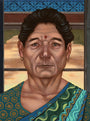 A Casey Weldon-inspired portrait shows a person with short dark hair and a red bindi, dressed in a green and turquoise patterned outfit. They wear large hoop earrings, exuding calmness against a backdrop featuring blue and brown patterned window details.