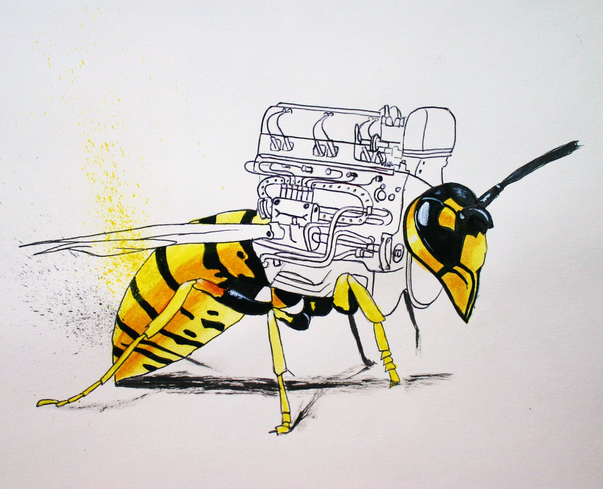 A Robert Bowen watercolor illustration portrays a wasp with a mechanical engine seamlessly integrated into its body, set against a Moleskine background. The vibrant yellow and black stripes blend with the intricate pipes and cylinders of the engine, merging organic and mechanical elements.