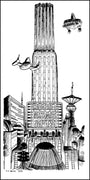 A pen and ink illustration by Tim Doyle showcases a futuristic cityscape with tall cylindrical buildings, flying cars, and a tower displaying Robot Arms Tapes. Antennas and structures are intricately revealed in black and white.