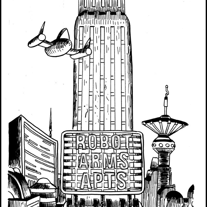 A pen and ink illustration by Tim Doyle showcases a futuristic cityscape with tall cylindrical buildings, flying cars, and a tower displaying Robot Arms Tapes. Antennas and structures are intricately revealed in black and white.
