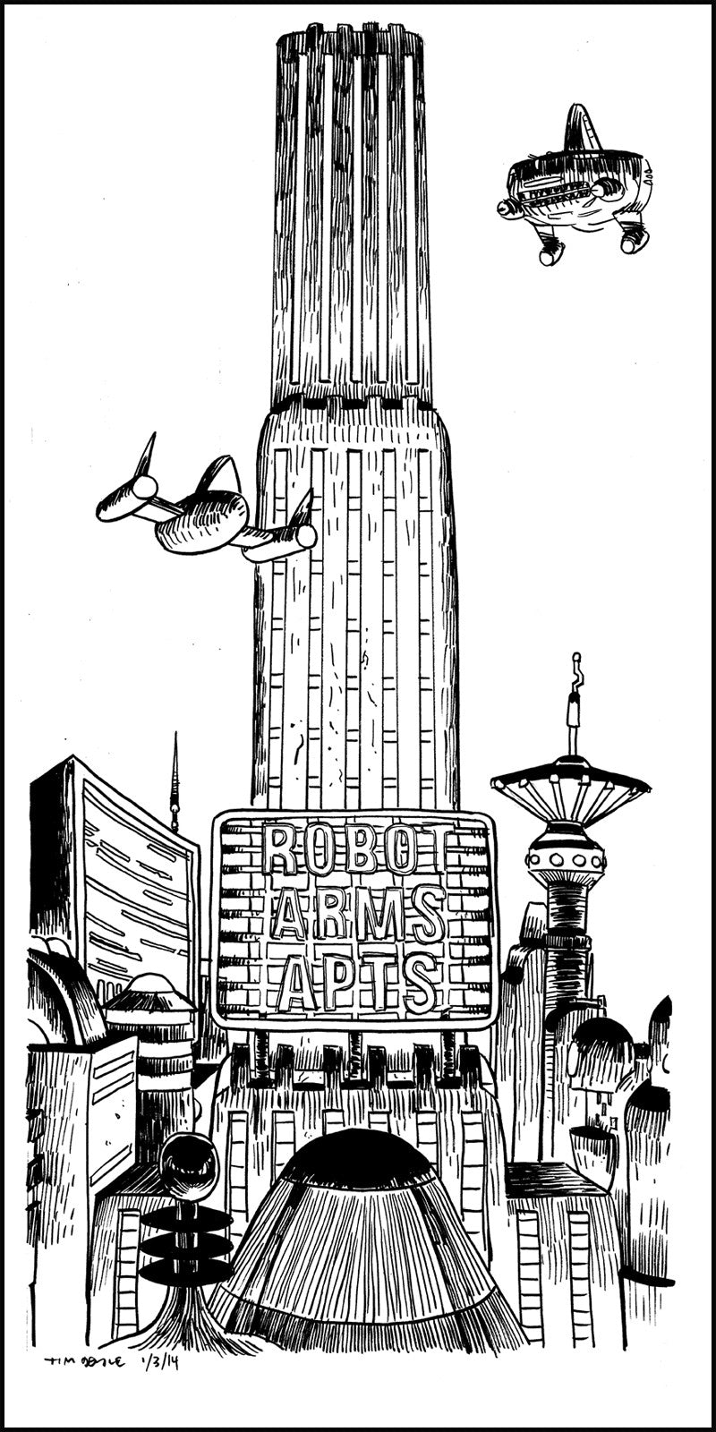 A pen and ink illustration by Tim Doyle showcases a futuristic cityscape with tall cylindrical buildings, flying cars, and a tower displaying Robot Arms Tapes. Antennas and structures are intricately revealed in black and white.