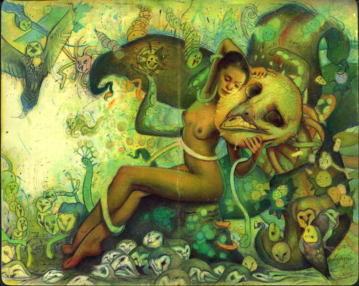 A surreal mixed media painting by Rod Luff shows a woman entwined with snakes, her head on a large skull, surrounded by abstract faces and creatures in green and gold, capturing the essence of spring art.