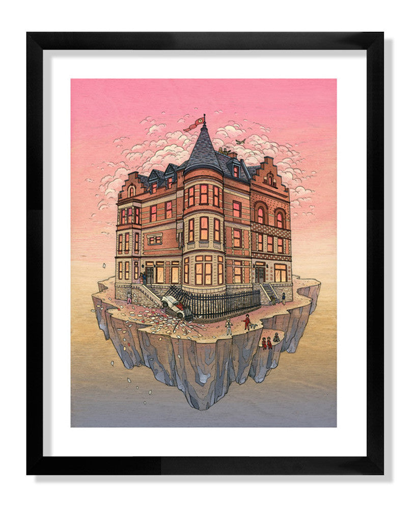 Nicole Gustafssons framed art depicts a whimsical Victorian house with brick walls and turrets on a floating island, set against a pink and orange sky. Printed using archival pigment techniques, this dreamy piece features small figures on the island and is signed by the artist.