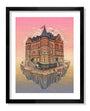 Nicole Gustafssons framed art depicts a whimsical Victorian house with brick walls and turrets on a floating island, set against a pink and orange sky. Printed using archival pigment techniques, this dreamy piece features small figures on the island and is signed by the artist.