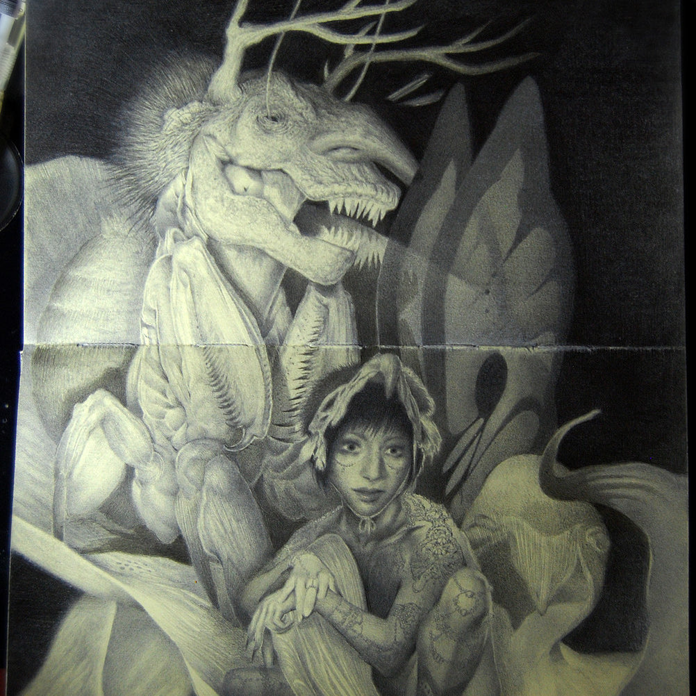 A surreal illustration by Ryan A. Lee depicts a humanoid with an insect head and antlers crouching beside a person with animal traits. The Petaluna backdrop features abstract, wing-like and leaf-like shapes intricately rendered in graphite and pencil.