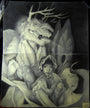 A surreal illustration by Ryan A. Lee depicts a humanoid with an insect head and antlers crouching beside a person with animal traits. The Petaluna backdrop features abstract, wing-like and leaf-like shapes intricately rendered in graphite and pencil.