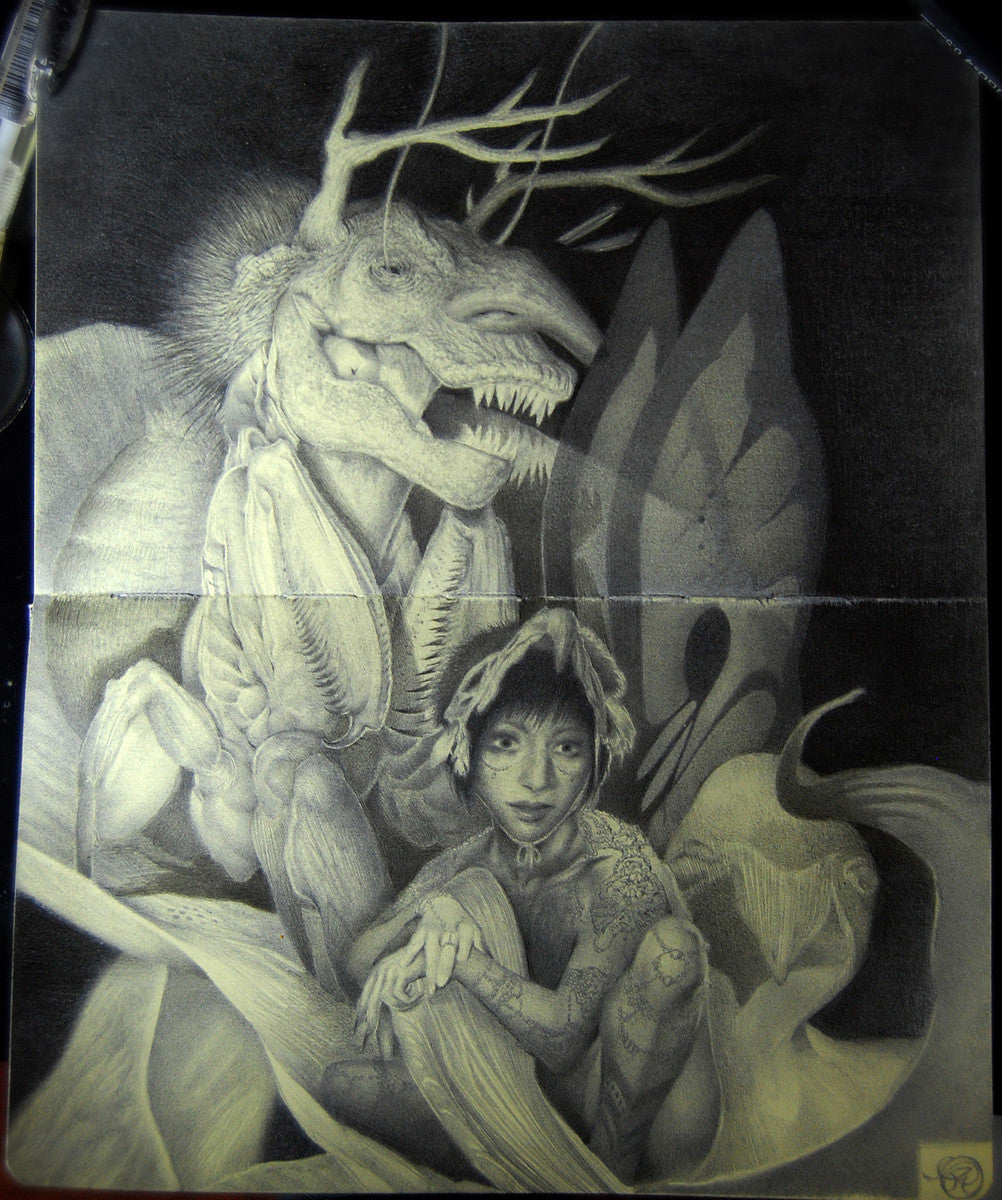 A surreal illustration by Ryan A. Lee depicts a humanoid with an insect head and antlers crouching beside a person with animal traits. The Petaluna backdrop features abstract, wing-like and leaf-like shapes intricately rendered in graphite and pencil.