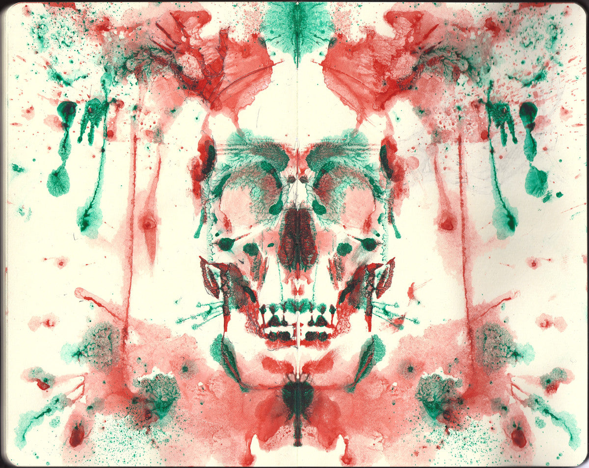 This abstract piece by Ryan Malley resembles a red and green skull. Its symmetrical design, featuring splatters and drips in a vivid watercolor style, evokes the delicate balance of pencil and watercolor reflections on a light background.