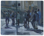 The Ryan Malley street scene painting depicts people on a corner, using cool tones and shadowing. A fire hydrant and traffic light provide urban flair to this slightly blurred work, reminiscent of pieces at the Moleskine exhibit by Spoke Art.