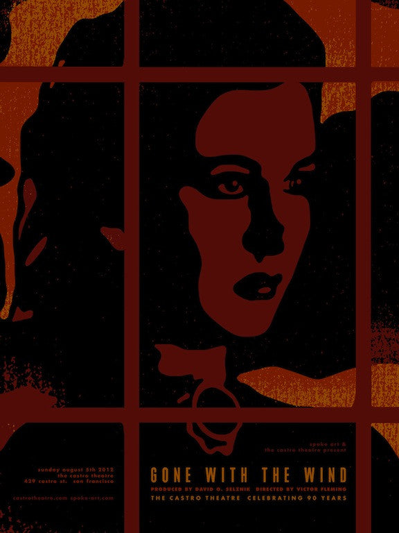 Sam Smiths silk screen print for Gone with the Wind features an abstract womans face in dark red and orange, elegantly highlighting the Castro Theatre details at the bottom.