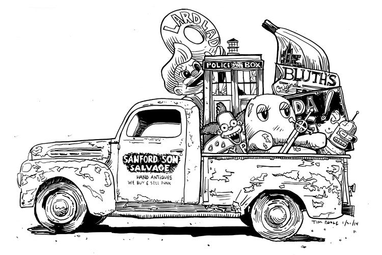 In Tim Doyles original pen and ink style, a vintage pickup truck overflows with pop culture items like a giant donut, blue police box, banana, and cartoon figures. The black-and-white tribute to Junk Television icons features Sanford & Son Salvage painted on the side.