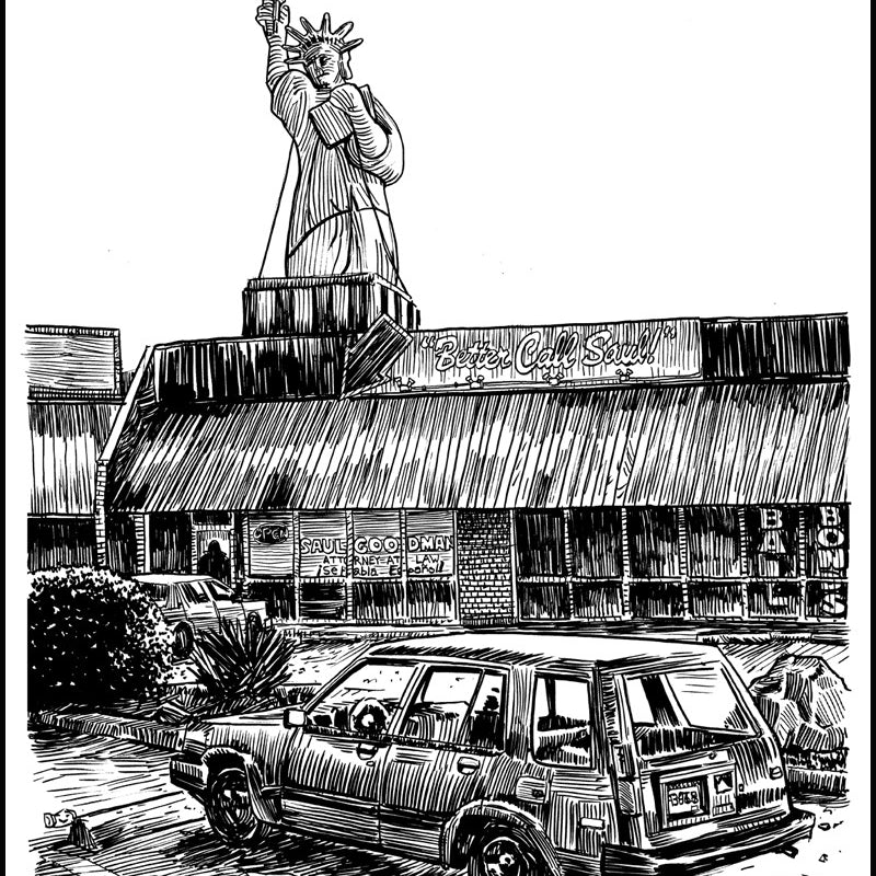 A black and white pen and ink illustration by Tim Doyle depicts a fast-food restaurant with a striking roof sign and statue. In the foreground sits a vintage car, evoking an era when visiting such places was as thrilling as consulting a criminal lawyer, surrounded by detailed architecture and foliage.