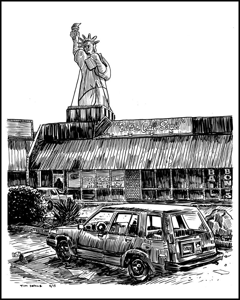 A black and white pen and ink illustration by Tim Doyle depicts a fast-food restaurant with a striking roof sign and statue. In the foreground sits a vintage car, evoking an era when visiting such places was as thrilling as consulting a criminal lawyer, surrounded by detailed architecture and foliage.