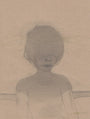 A sketch in the style of Sam Wolfe Connelly depicts a person with indistinct facial features surrounded by scribbles. The seated figure, against a plain backdrop, evokes the simple charm of a coffee shop on brown paper.