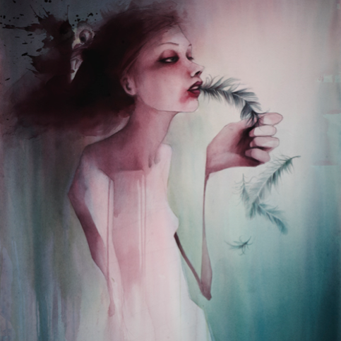 Crawws surreal watercolor depicts a long-necked woman with closed eyes, gently holding a feathered branch. The use of pink, teal, and blue creates an ethereal atmosphere reminiscent of the Bird Eater series.